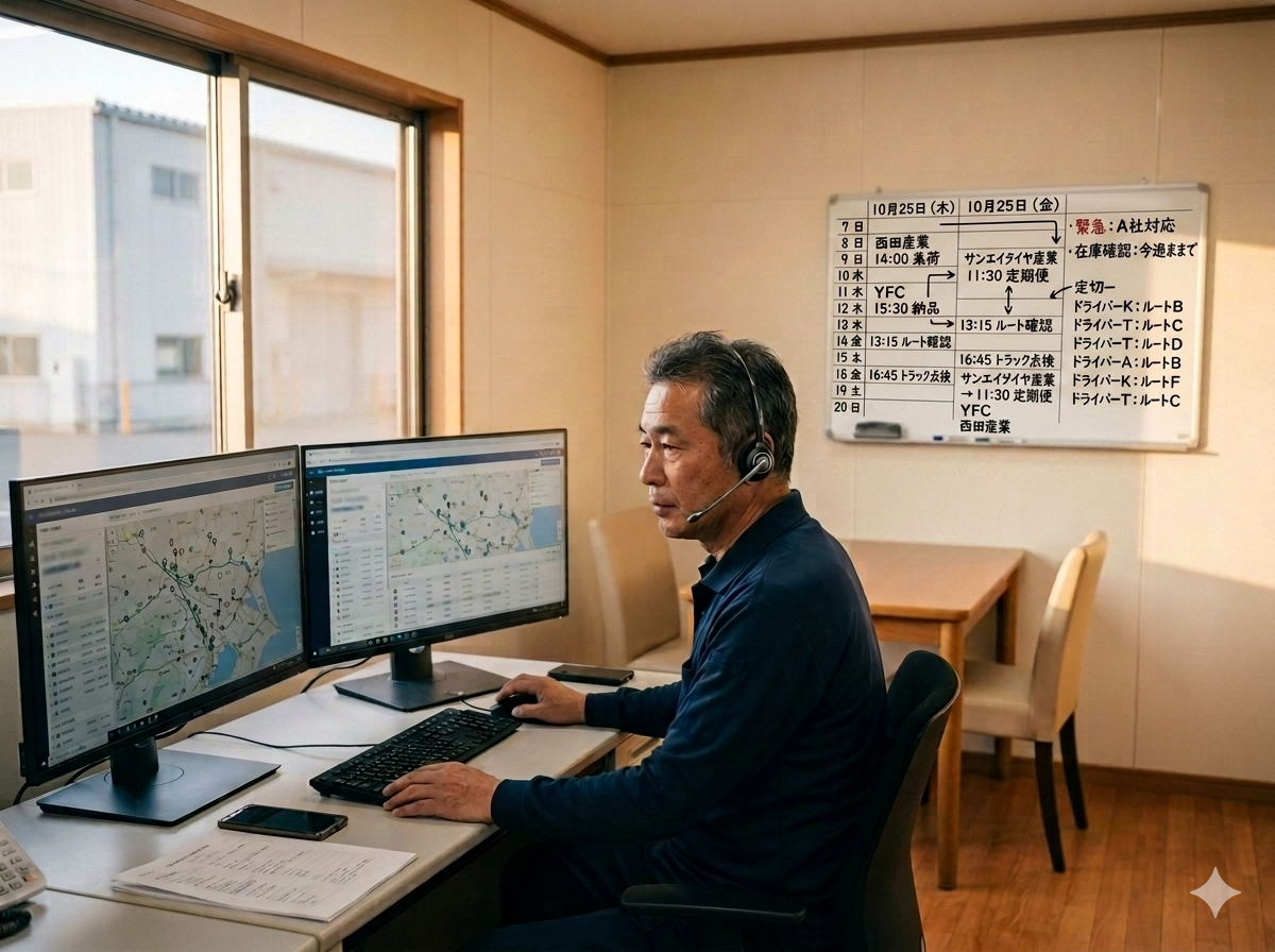 トレーラーハウス内の配車センター。デスクでの配車管理・ミーティングスペース。