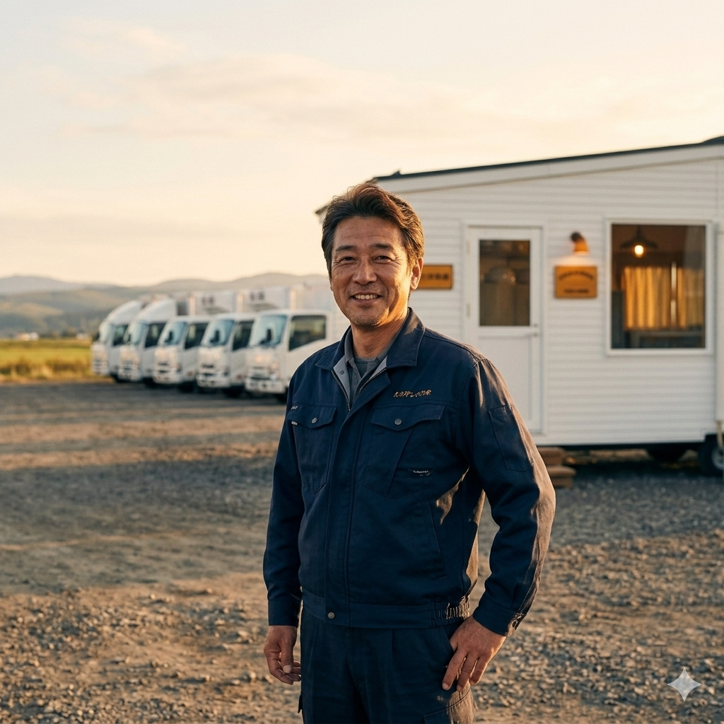 北海道の運送会社代表。背後にはヤードに設置されたトレーラーハウス事務所と自社のトラックが並ぶ。