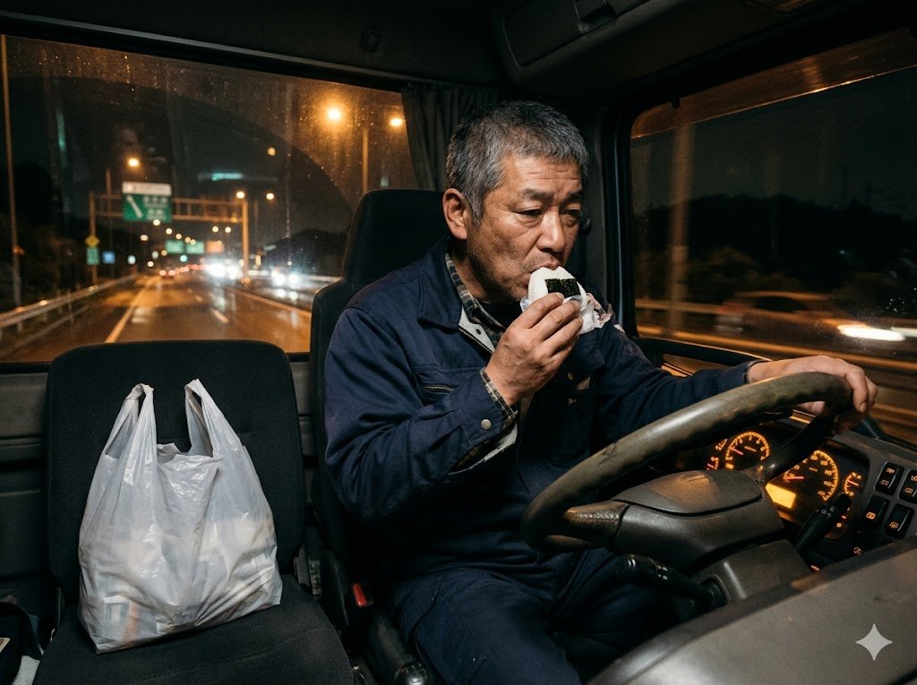 夜のトラック運転席で食事するドライバー