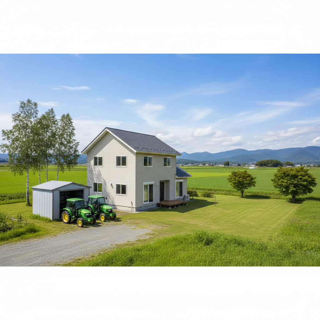 北海道・道東の広い農地と農家の風景（夕暮れ）