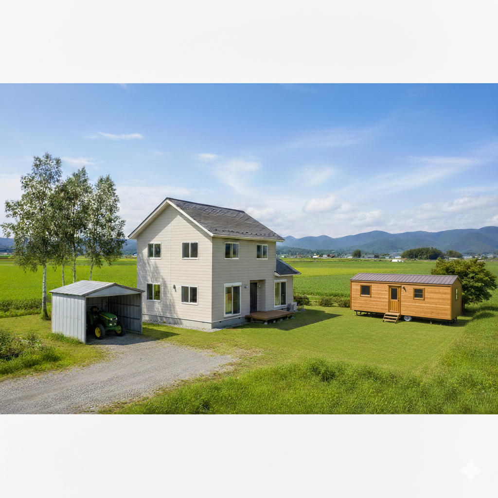 農家の敷地の芝生スペースに設置されたトレーラーハウス。トラクターの動線を邪魔しない配置