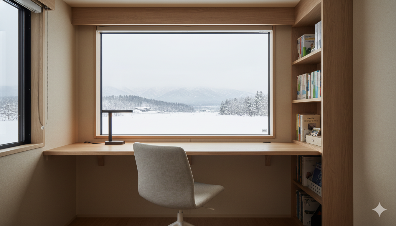 トレーラーハウスの静かな勉強部屋の内装。机・本棚・自然光の差し込む窓