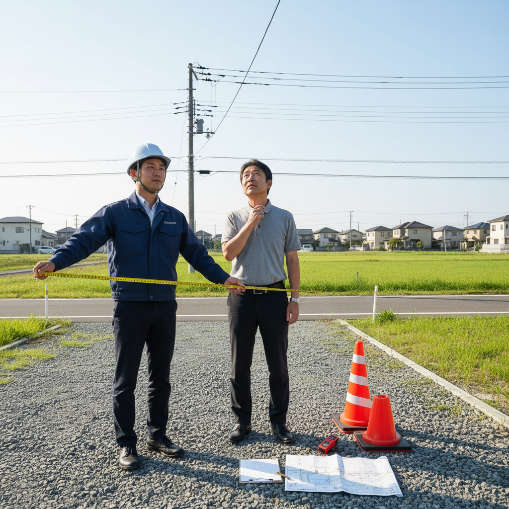 現地調査──担当者と経営者が候補地で道幅・電線・地盤を一緒に確認する