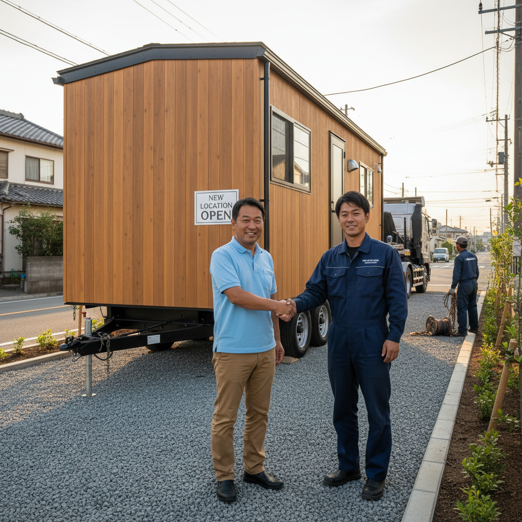 移動先での据付完了──オーナーが新拠点でトレーラーハウスを迎えた満足の瞬間