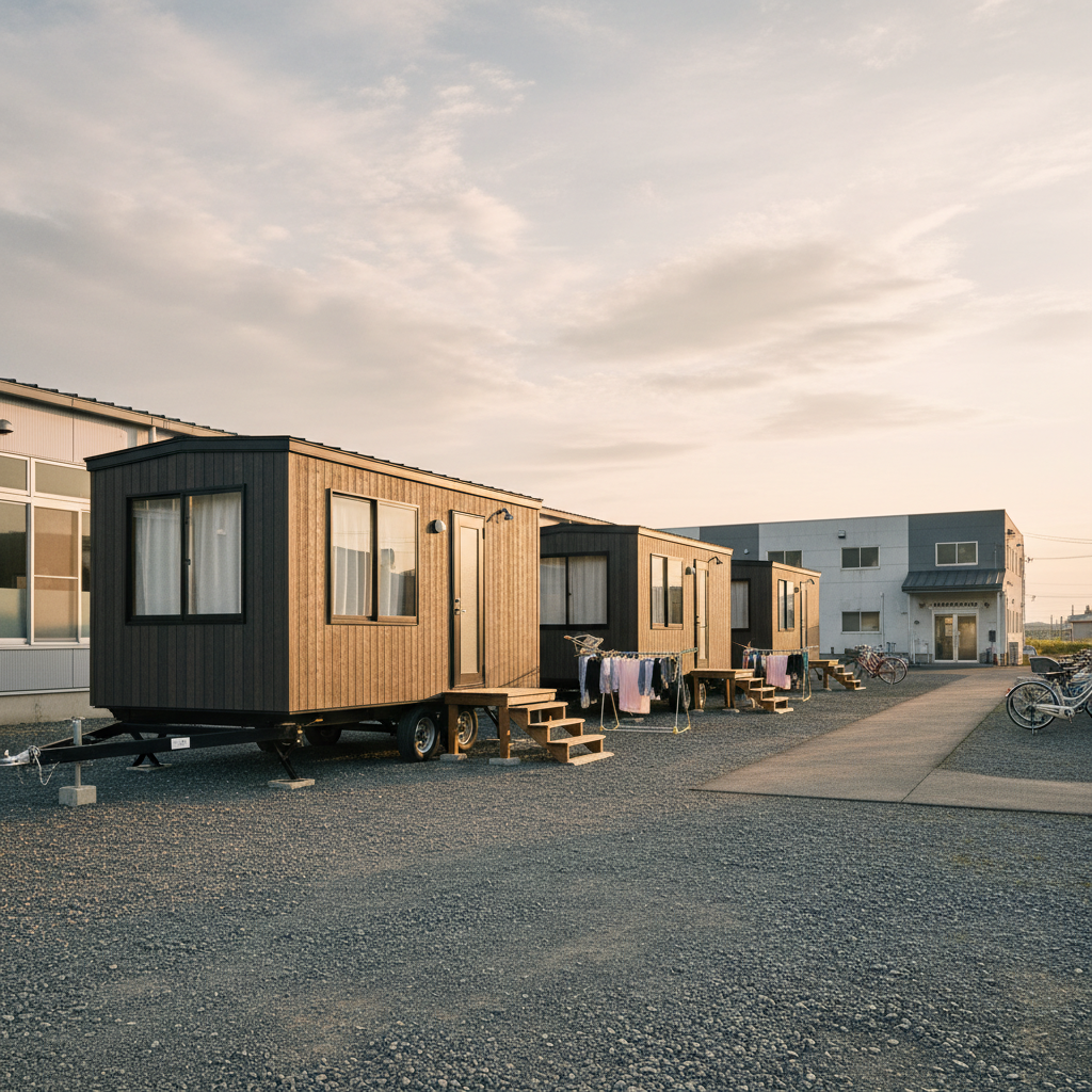 食品工場の敷地脇に並ぶトレーラーハウス寮──通勤負担ゼロの即戦力住宅