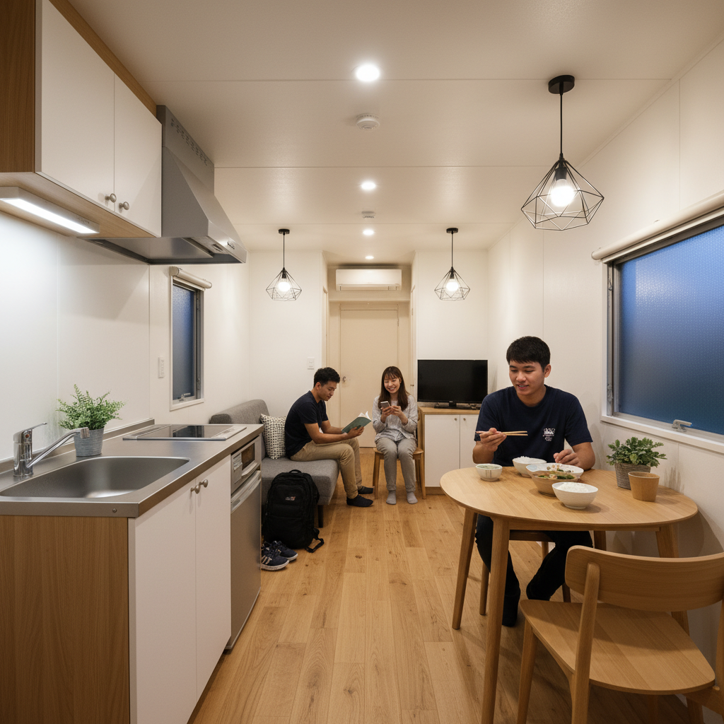 トレーラーハウス寮内のリビング──実習生たちが寛ぎ、日本での生活が始まる場所