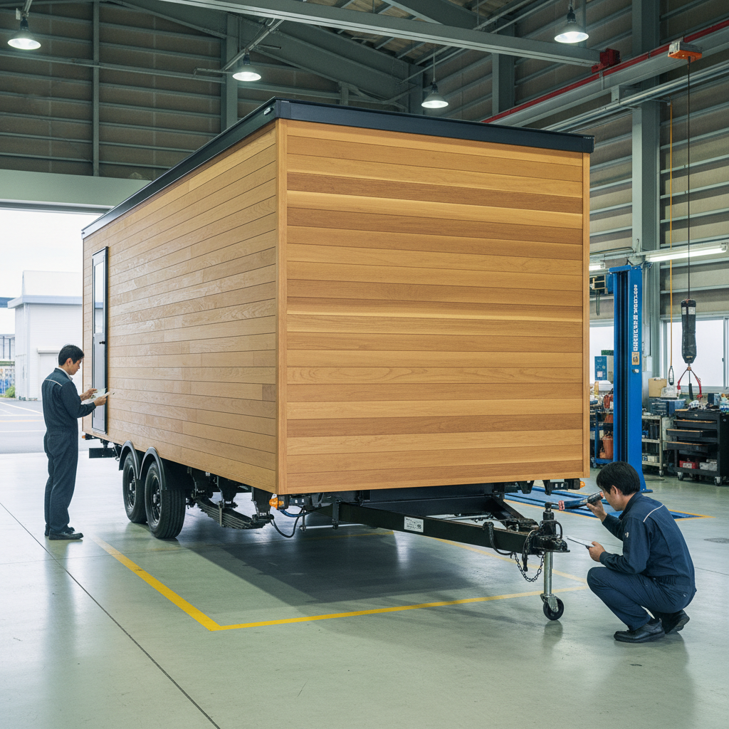 整備士がトレーラーハウスのシャーシ・タイヤ・牽引ヒッチを車検点検するシーン