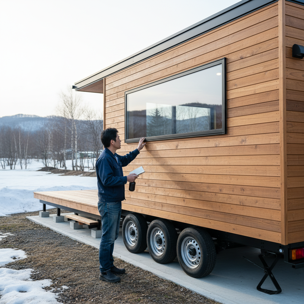 北海道の春先、オーナー自身がトレーラーハウスの外装を軽くチェック──普段のメンテで寿命が伸びる