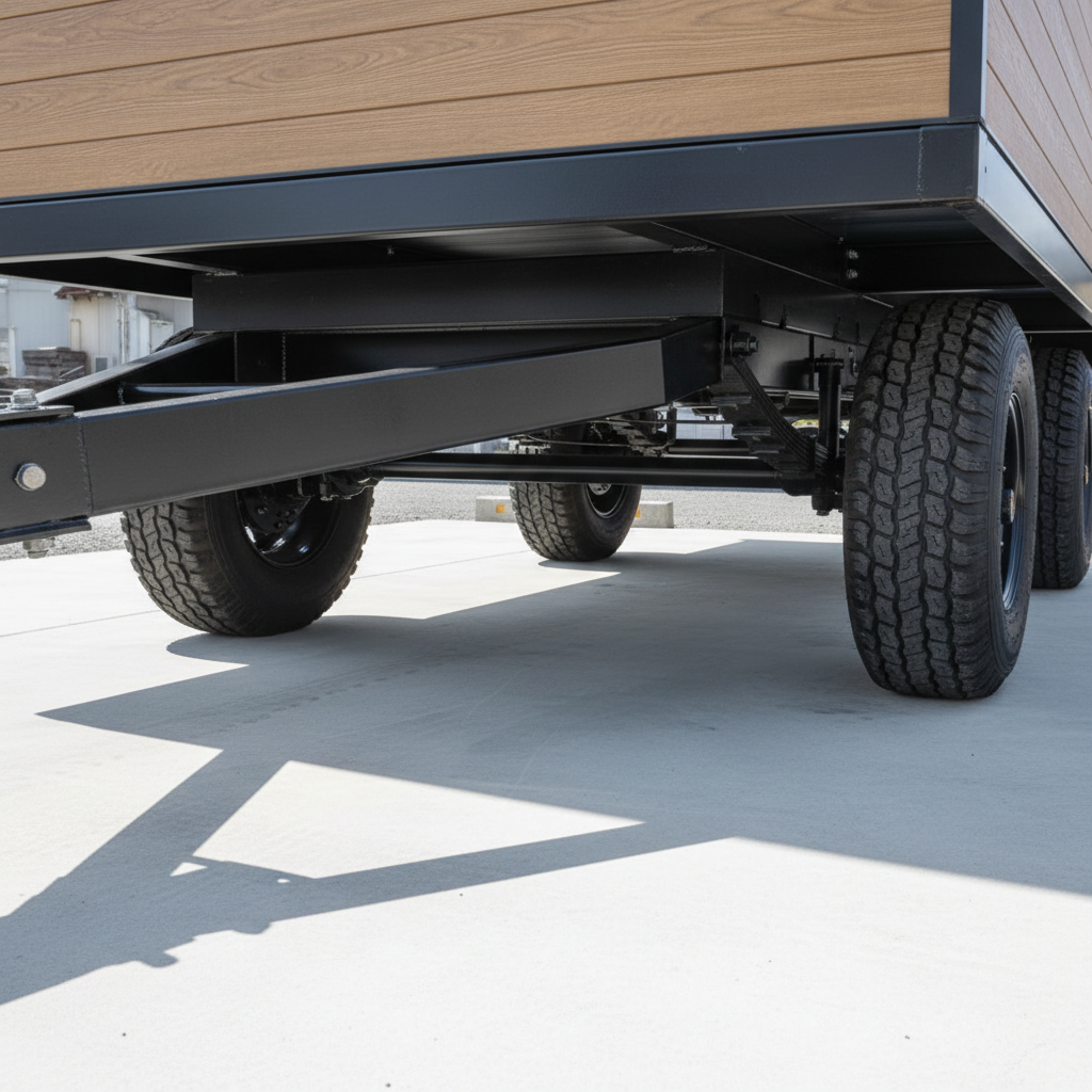 重厚なヘビーデューティ・シャーシ──トレーラーハウスの寿命を決める「骨格」のクローズアップ