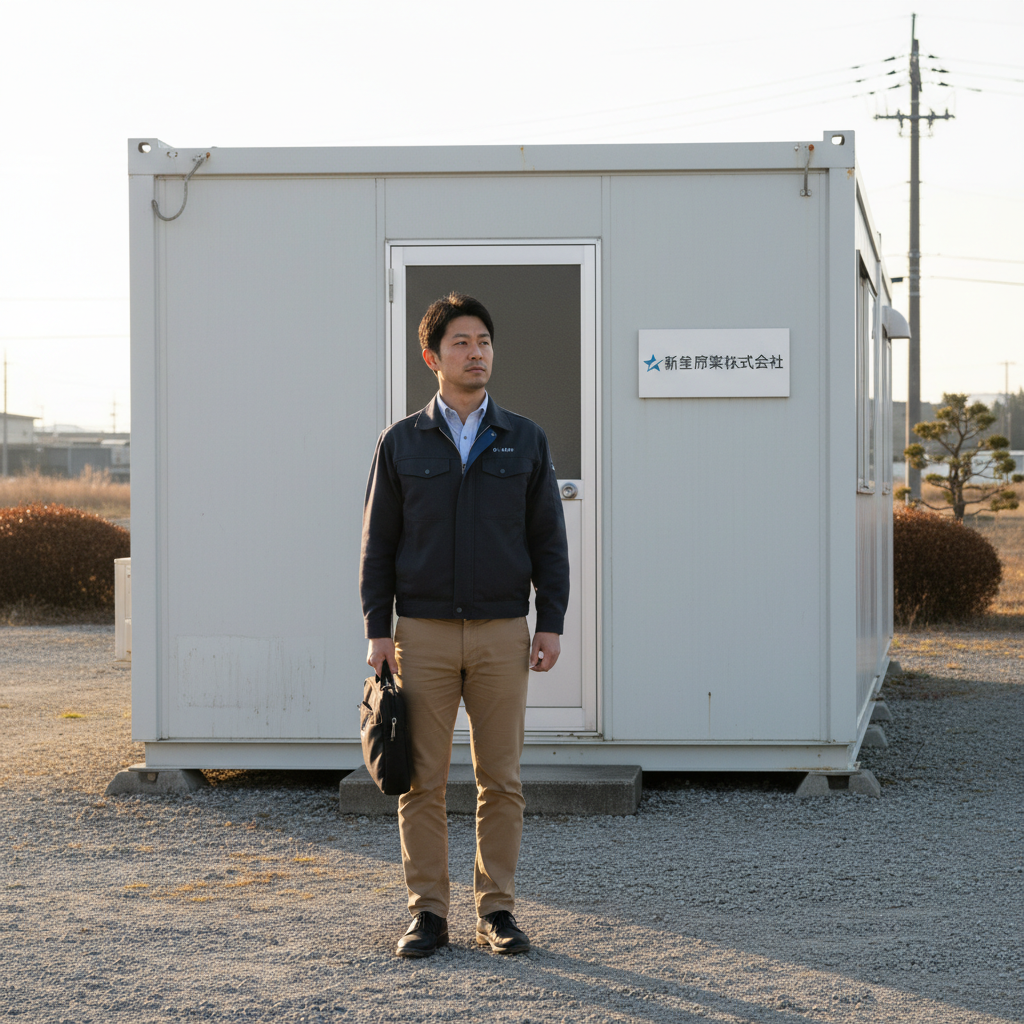 創業期──簡素なプレハブ事務所の前で、決意を秘めて立つ若き社長