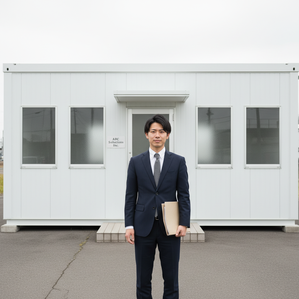 採用面接の現場──求職者がプレハブの外観を見て、表情に微かな不安