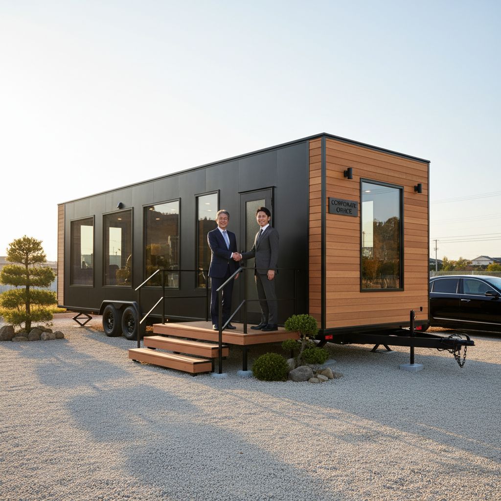 新章──洗練されたトレーラーハウス事務所の外観と、入口で取引先を出迎える社長