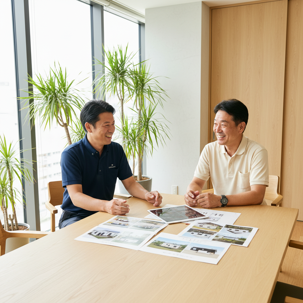 相談・問い合わせシーン──経営者と担当者が資料を広げて打ち合わせ