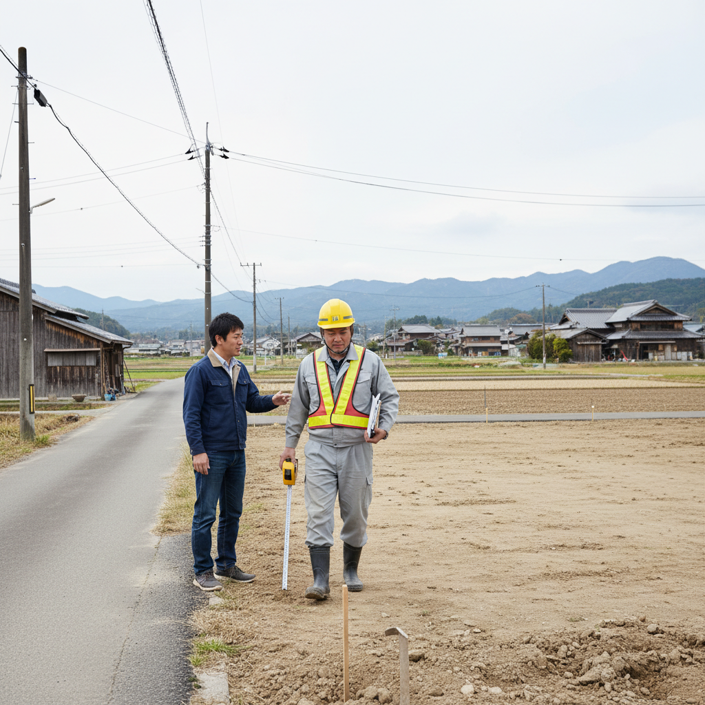 現地調査シーン──設置予定地で搬入経路と地盤を担当者が確認