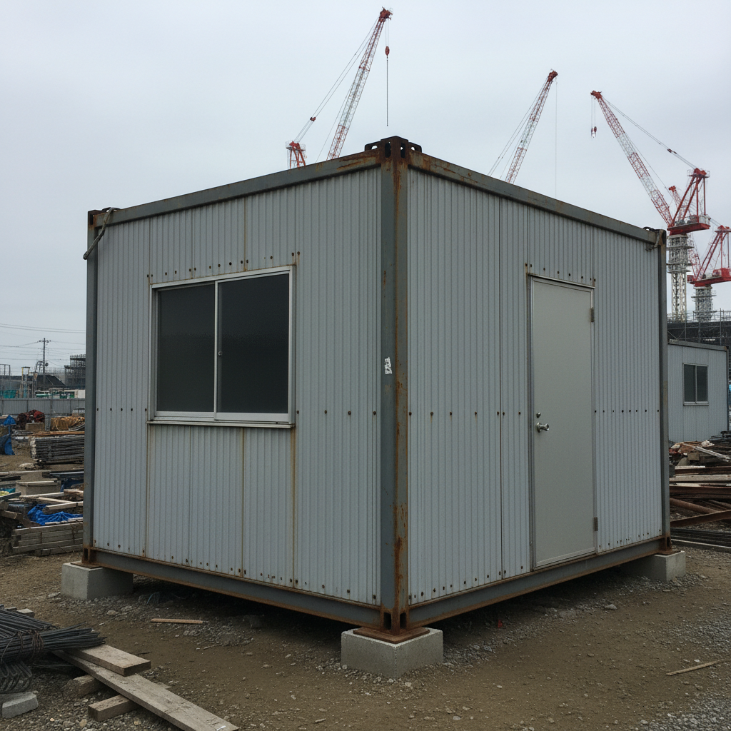 現場事務所定番のプレハブ──軽量鉄骨にグレー鉄板を貼った仮設建築の代表格