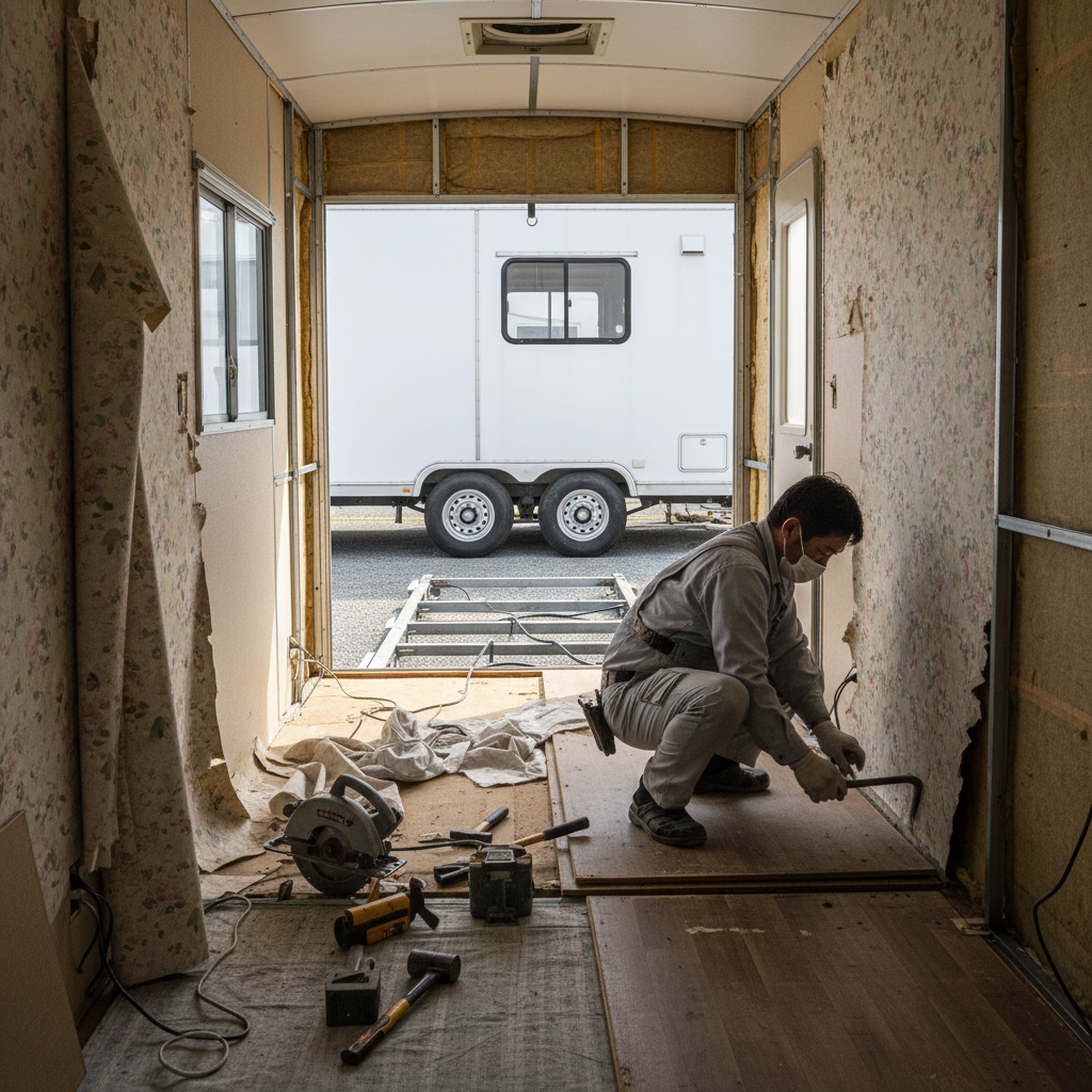 中古トレーラーハウス内装リフォーム──壁紙張替えと床材交換