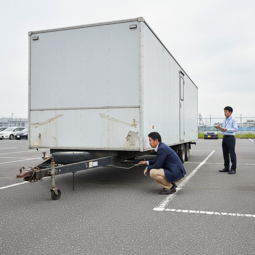 中古トレーラーハウスを内見する経営者──仕様・程度・配管をチェック