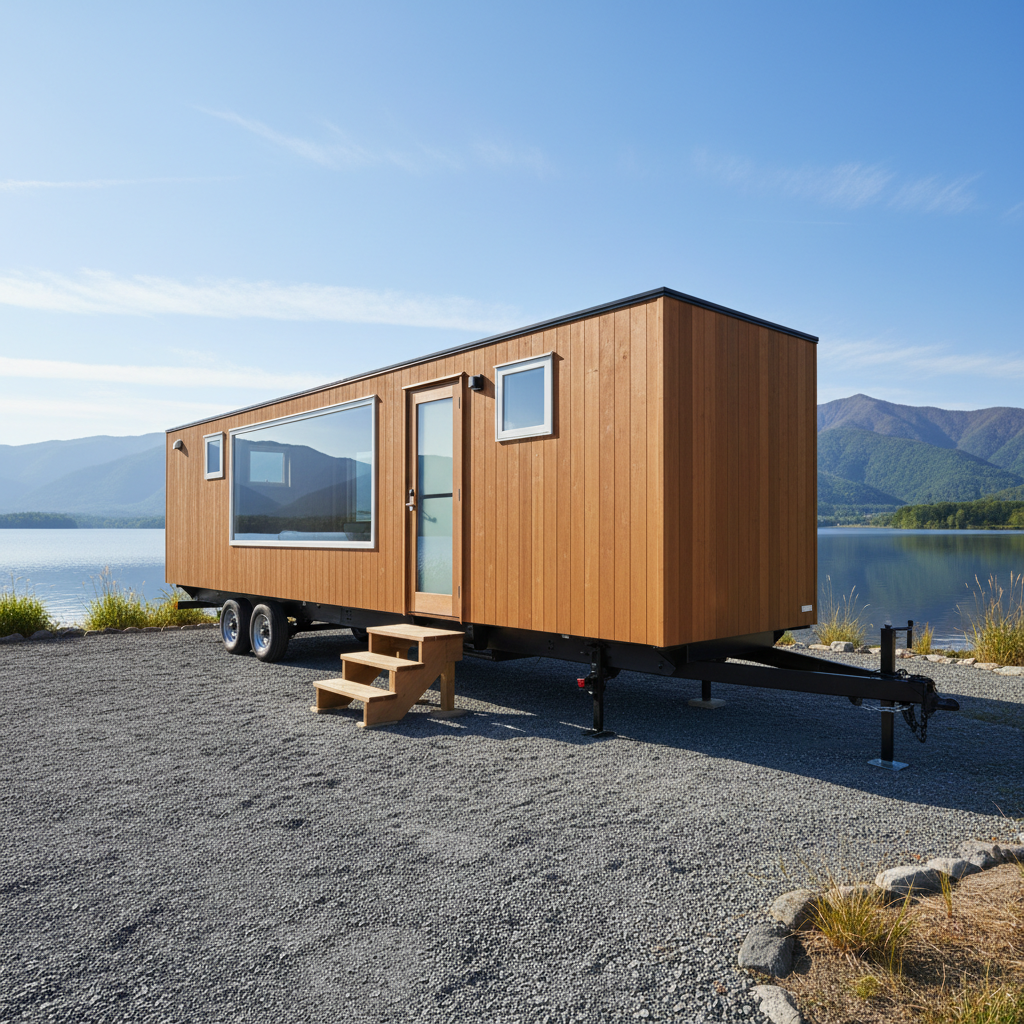 投資物件として運用される横幅3.5m以内の高品質なトレーラーハウス。シャーシと車輪が明確に見える