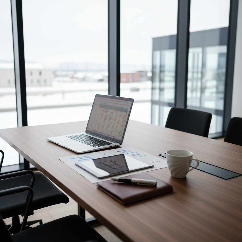 トレーラーハウス投資の打合せシーン。モダンなオフィスでファイナンシャルプランを検討する経営者