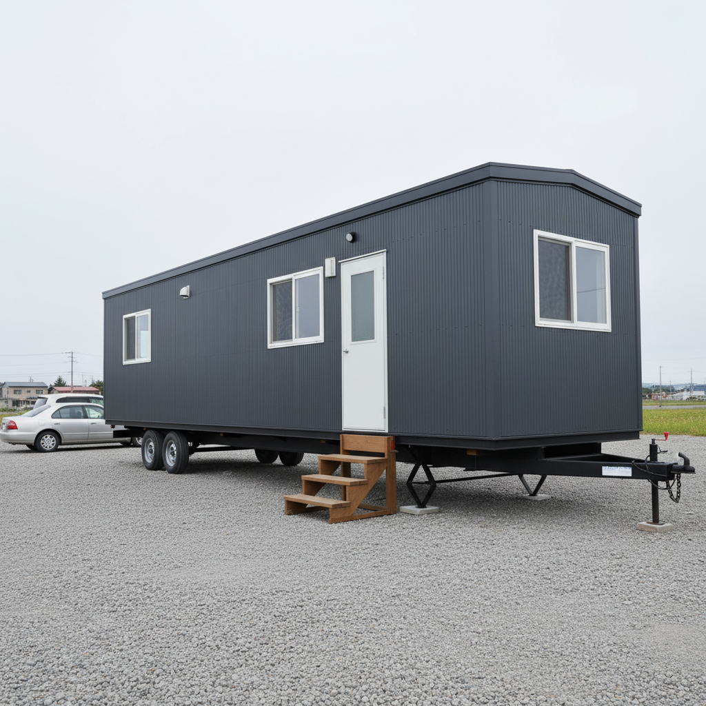 賃貸事務所として使われる横幅3.5m以内のトレーラーハウス。シャーシと車輪が見える長方形プロファイル