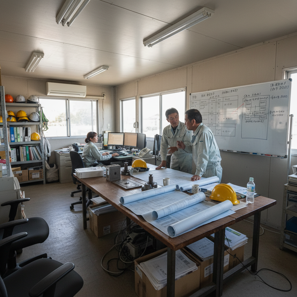 現場事務所内部：図面と打合せスペース