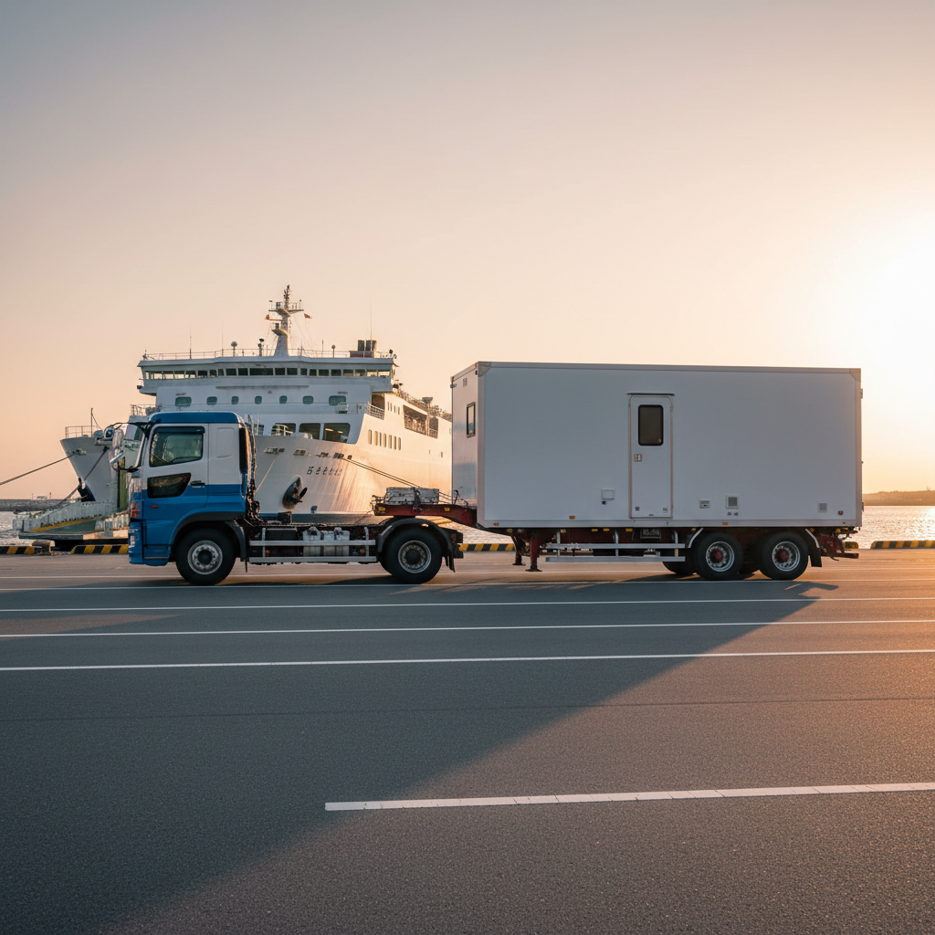 フェリー港でトラクターに牽引されて搬送されるトレーラーハウス