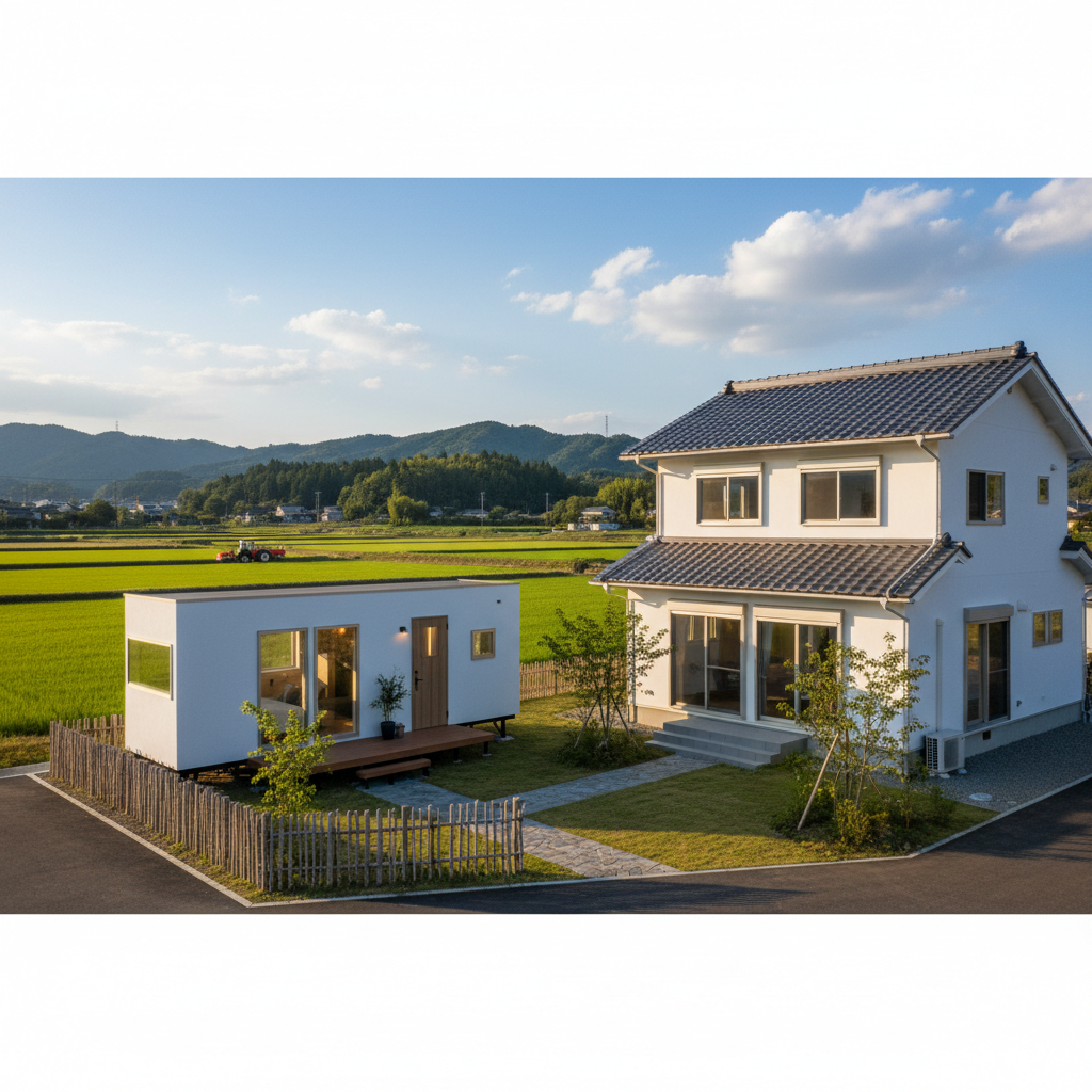 現代的な農家住宅の横に離れとして設置されたトレーラーハウス農泊