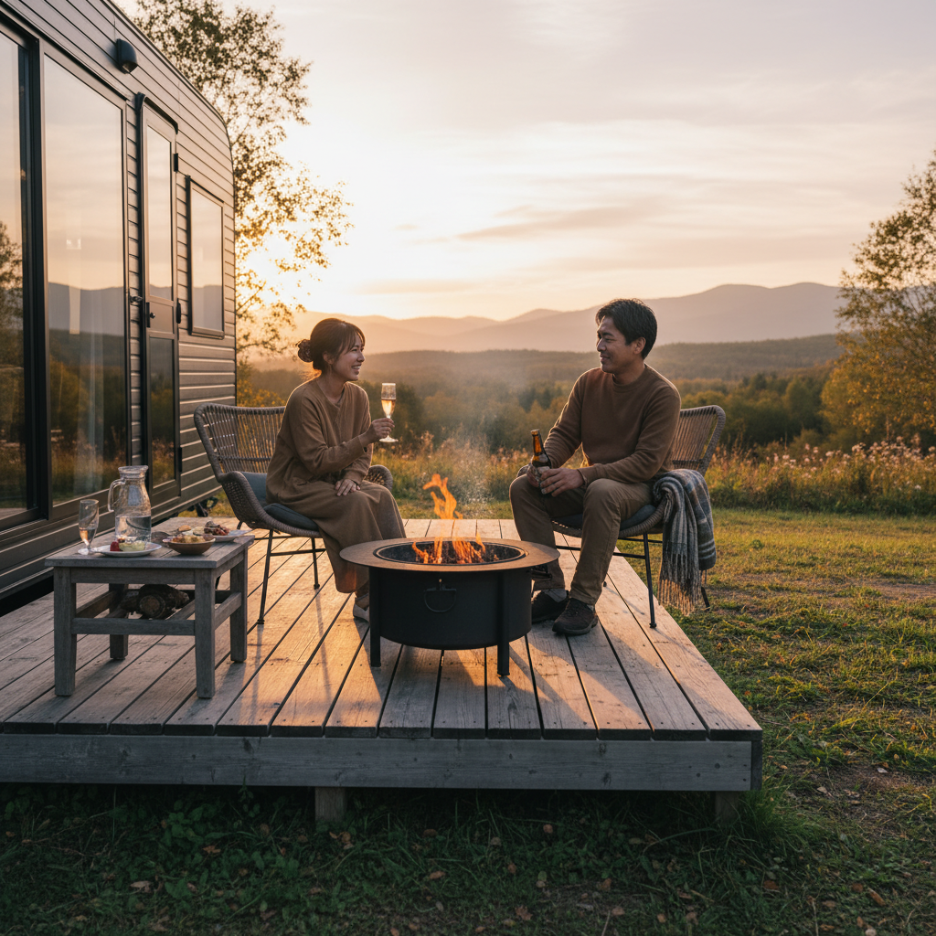 ウッドデッキで夕食を楽しむ宿泊客