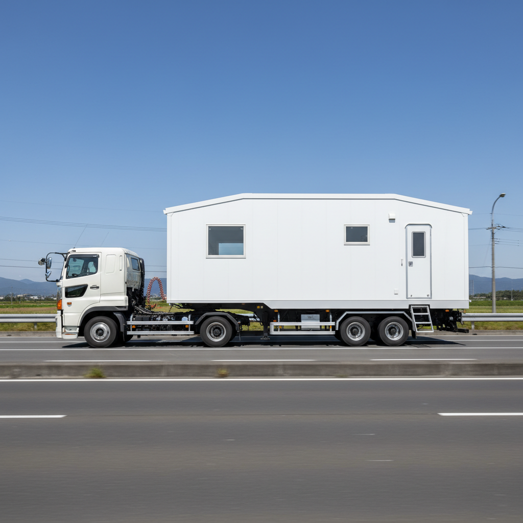 トラクターに牽引されて公道を走るトレーラーハウス