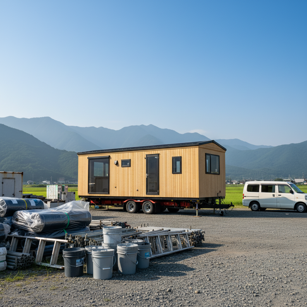 防水業者の事務所として設置されたトレーラーハウス