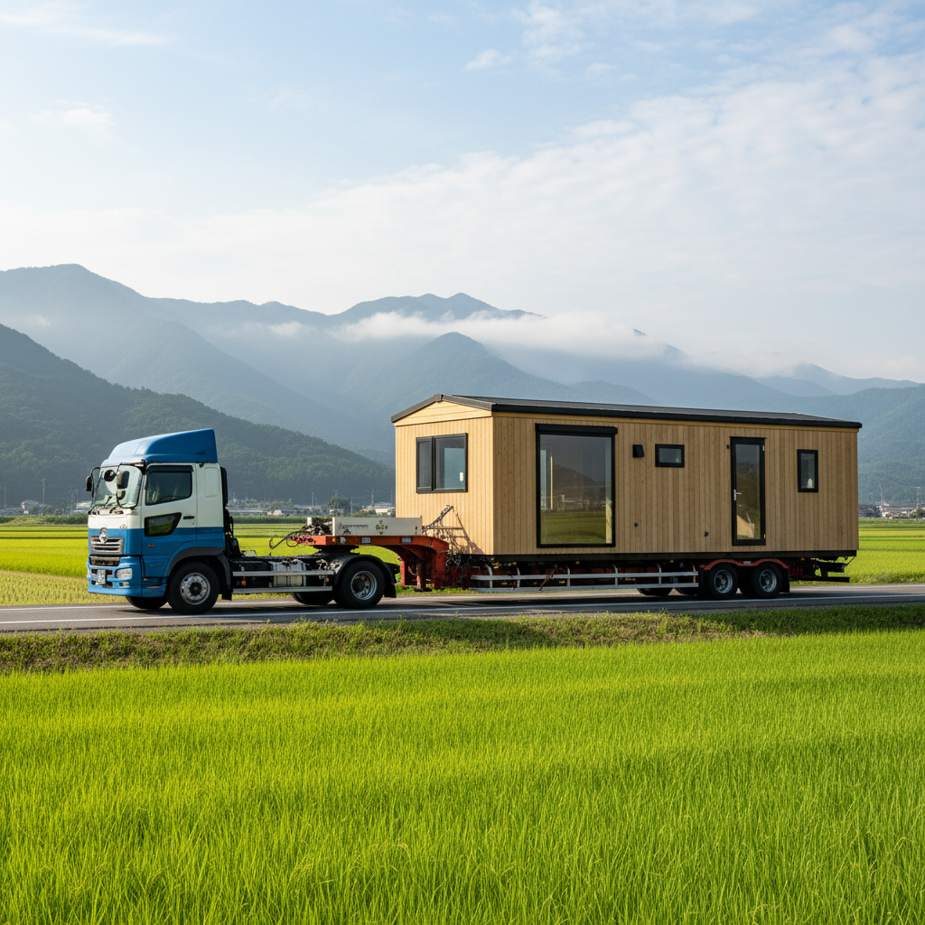 牽引して現地まで運ばれるトレーォーハウス