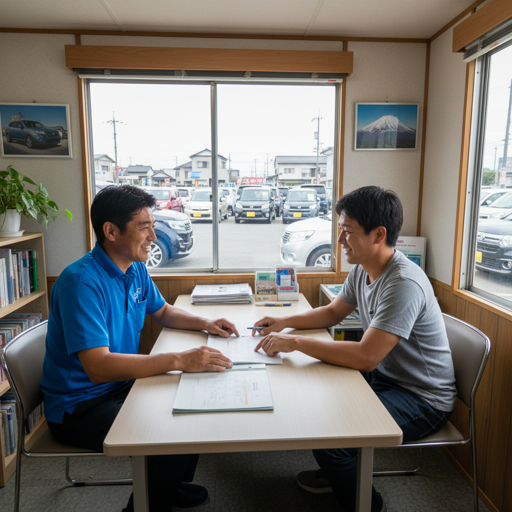 トレーラーハウス事務所で商談するオーナーと顧客