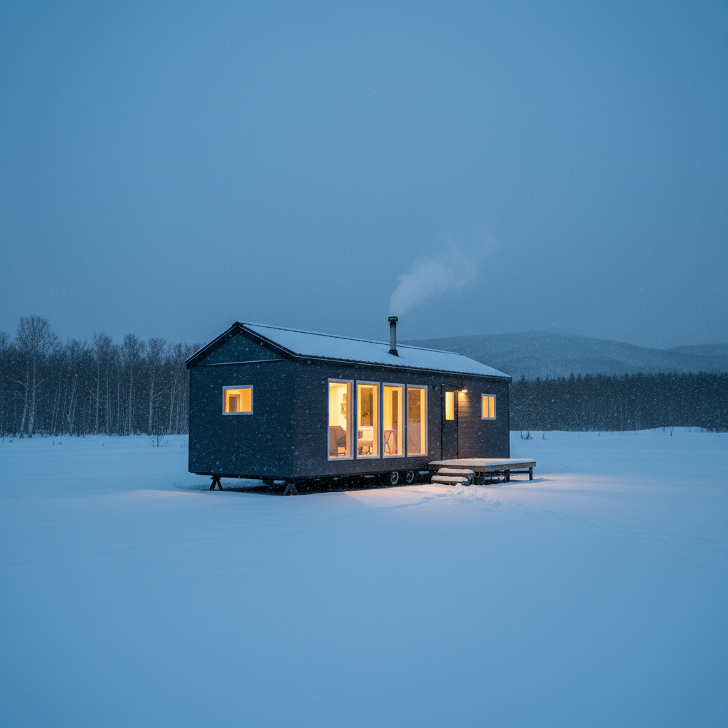 雪景色の中で明かりが灯る、北海道仕様の断熱トレーラーハウス