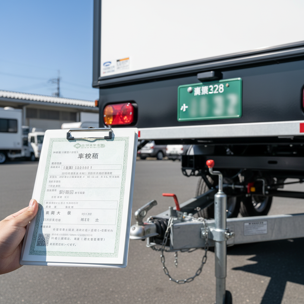ナンバープレートを取り付けたトレーラーハウス後部と車検証のクローズアップ