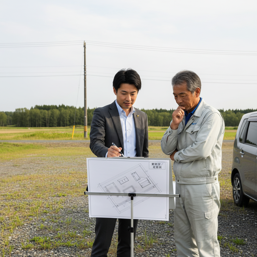 現地で経営者と打ち合わせる日本人営業担当（設計図を広げて説明）