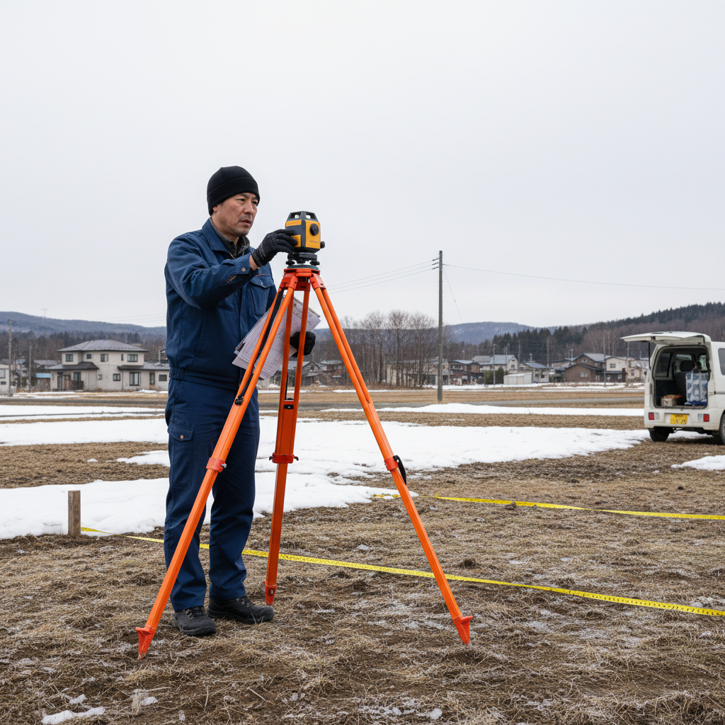 レーザー測量器を持ち敷地を確認する調査担当（雪の残る地方の土地）