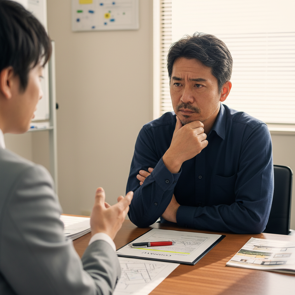 契約書を前に営業担当の説明を慎重に聞く日本人経営者