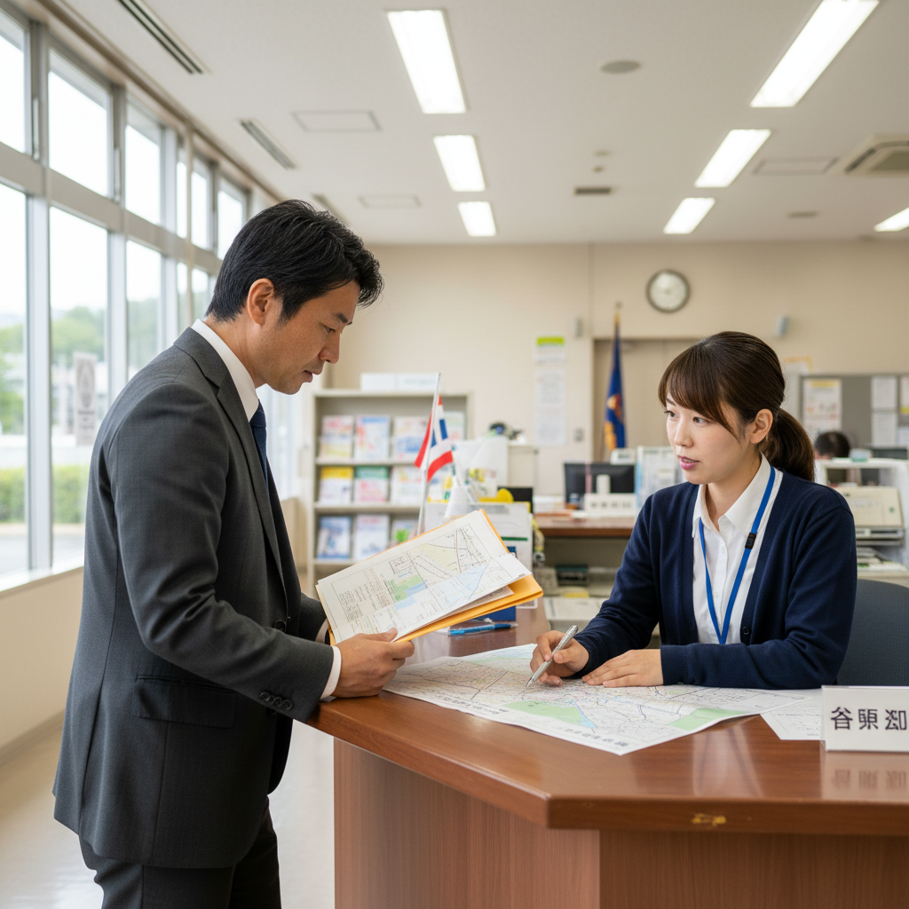 市役所の建築指導課カウンターでトレーラーハウス設置を相談する経営者