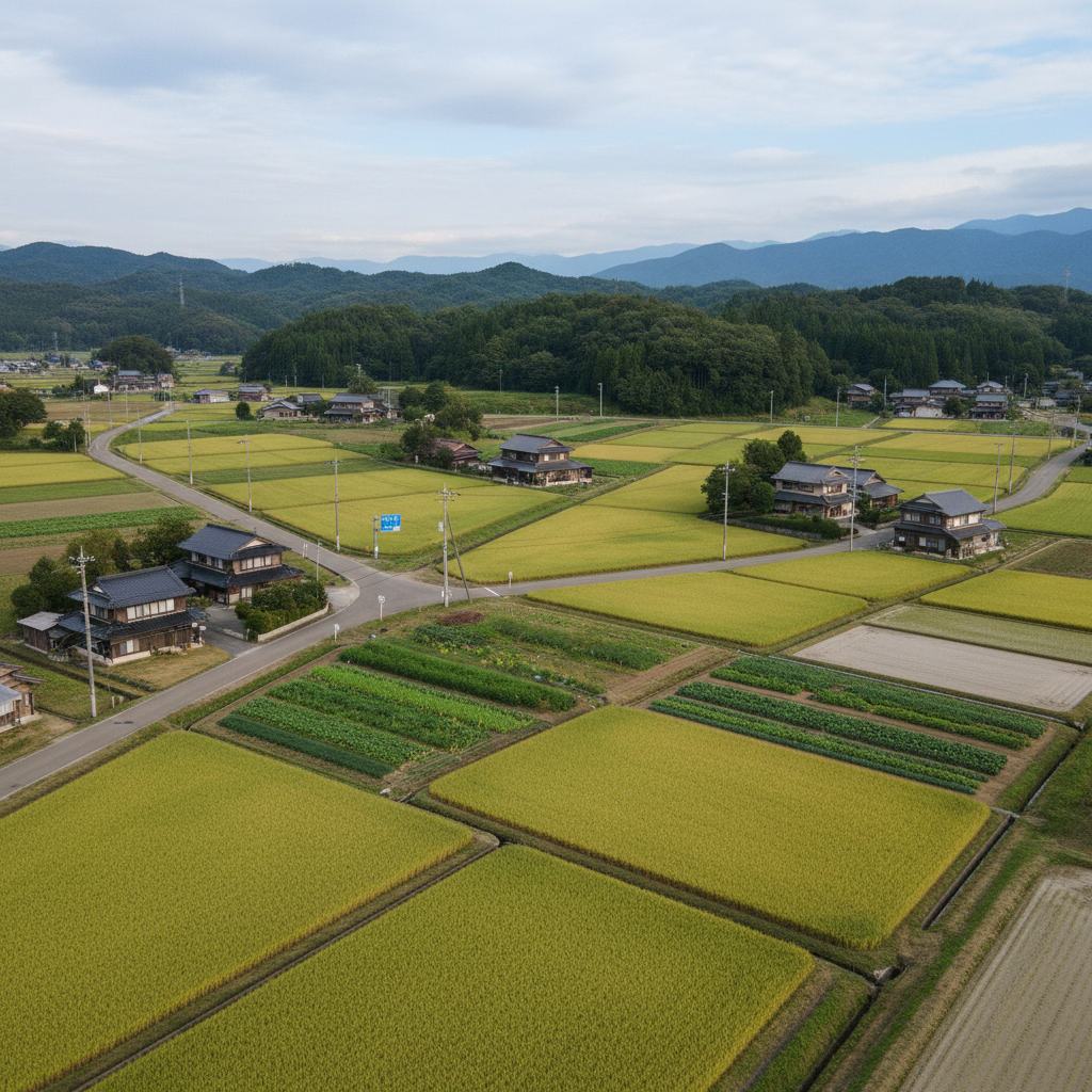 市街化調整区域に指定される日本の郊外の田畑と山林の風景