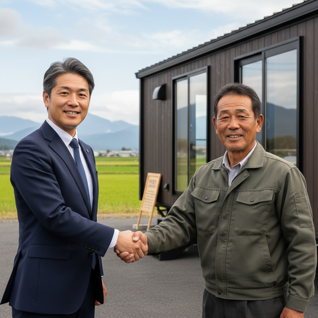 トレーラーハウス導入を決めた日本の農業経営者と担当者の握手