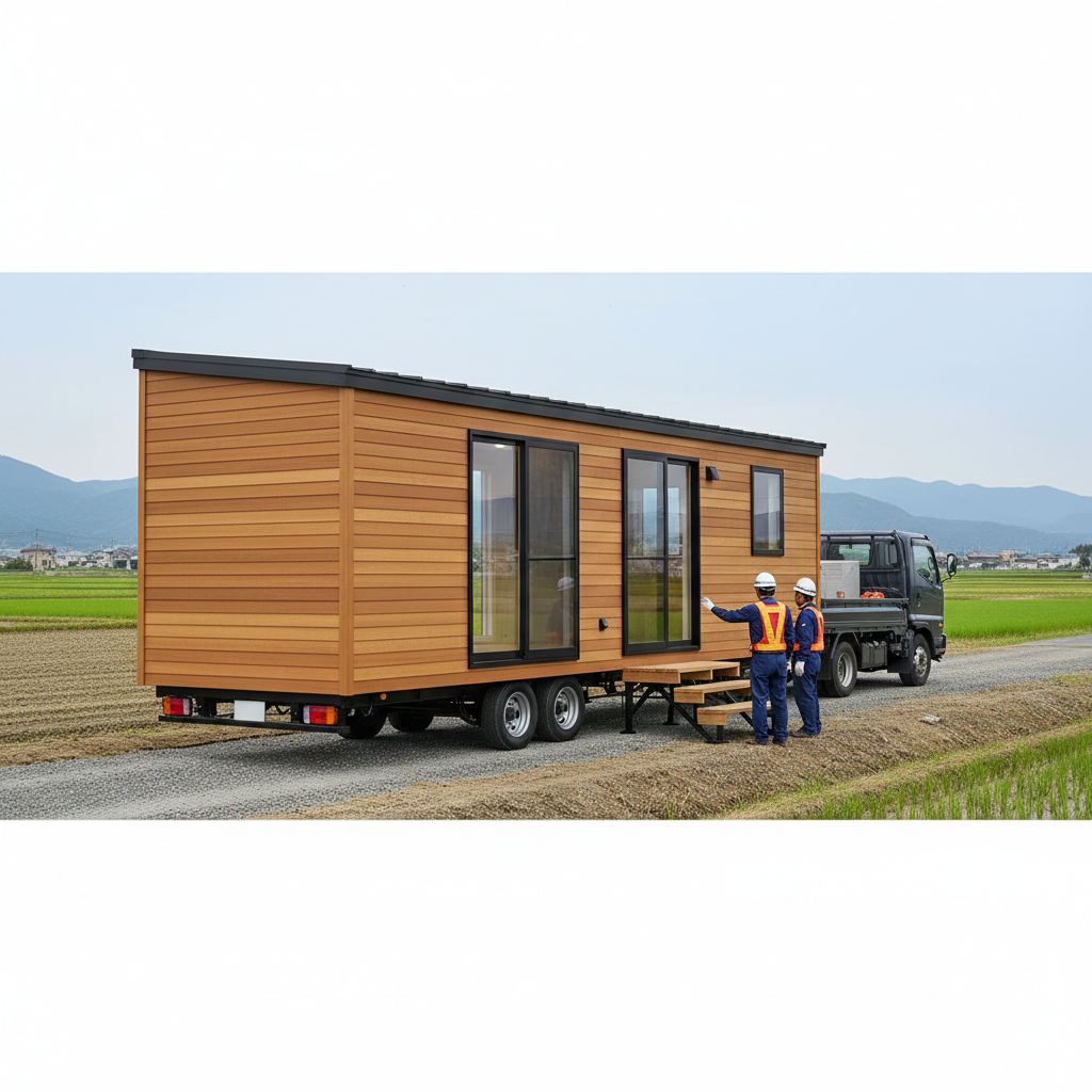 牽引車で搬入されるモダンなトレーラーハウス（農業法人向け設置）