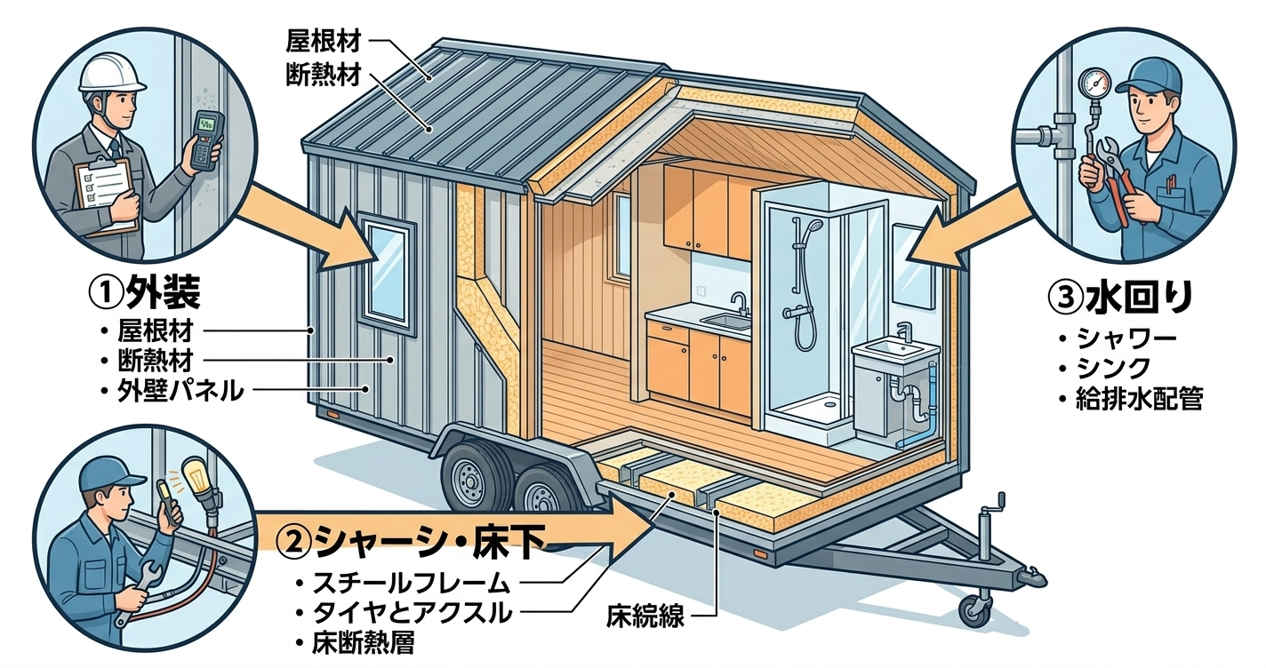 トレーラーハウスのメンテナンス3大ポイント(外装・シャーシ床下・水回り)を示す図解