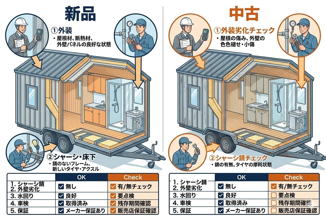 新品と中古トレーラーハウスの違いとチェックリスト比較図
